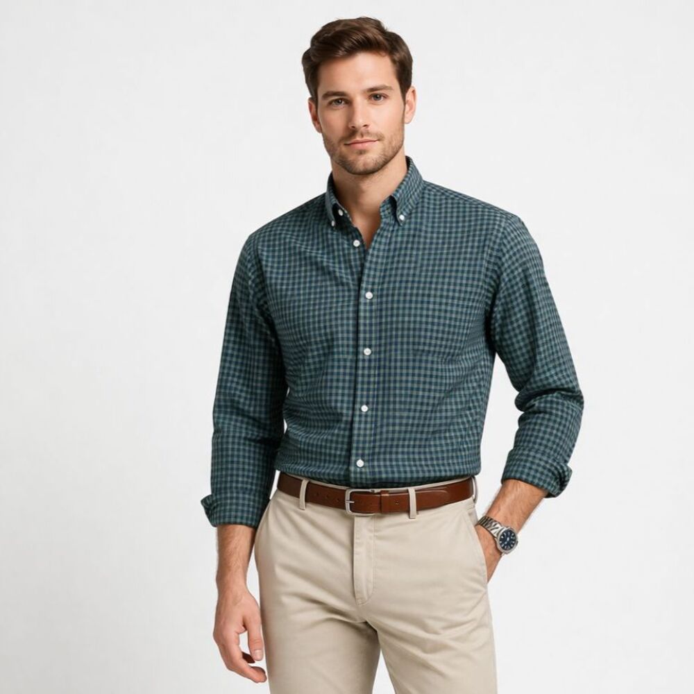 J.Crew Mens Green Navy Gingham Button Down Shirt Cotton Long Sleeve Casual L